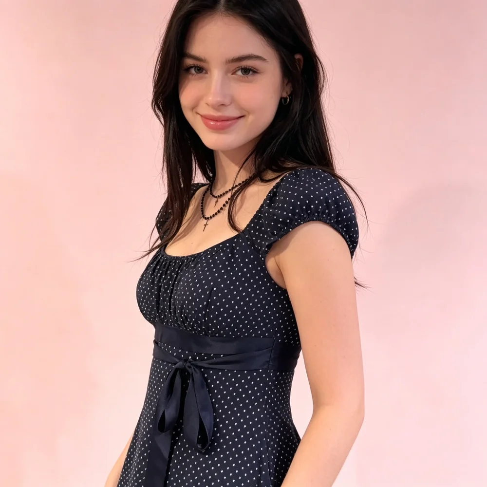 Dotted Square Neck Shirt Kawaii Lovely Ulzzang Look Ruffle Sleeve Navy Polka Print Gathered Bust Ribbon Belt Swing Hem Pretty