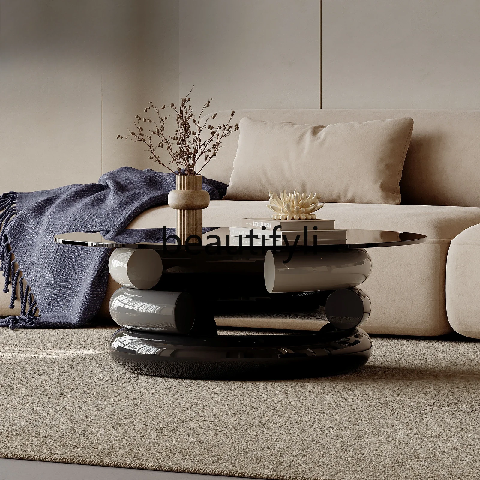 E182 Italian minimalist round tempered glass coffee table wabi sabi wind designer art living room coffee table