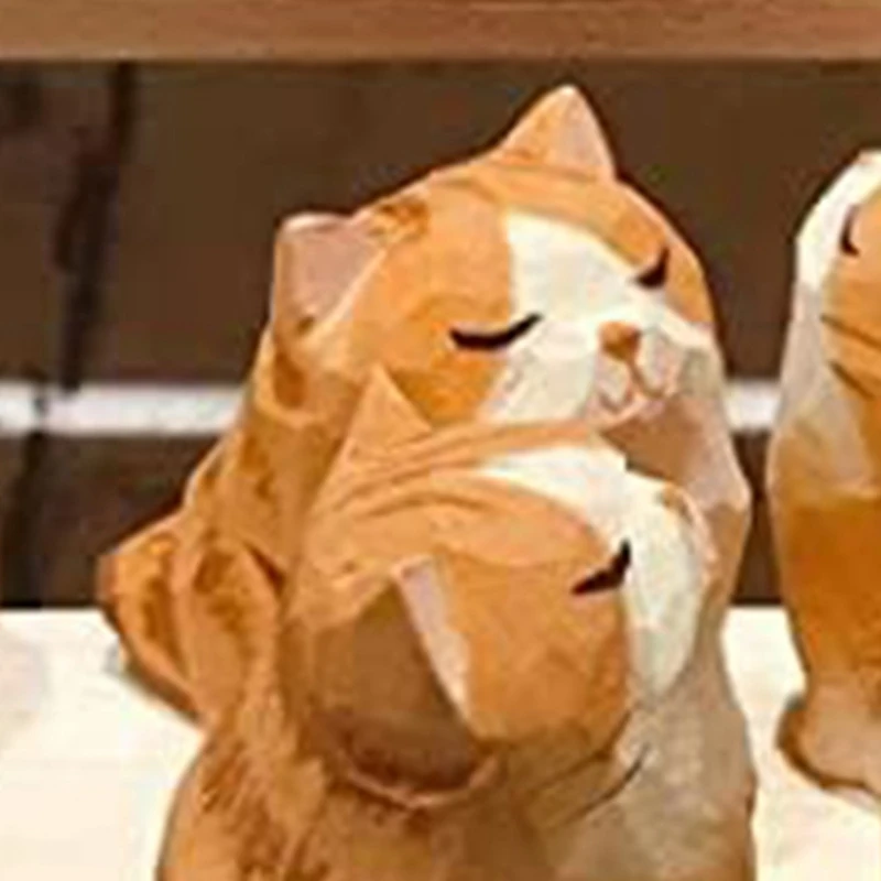 Wooden Cats Figurines Sculpture Statue Lovely Small Carved Orange Cats Statue Handmade Wood Kitten Art Carving Work Durable