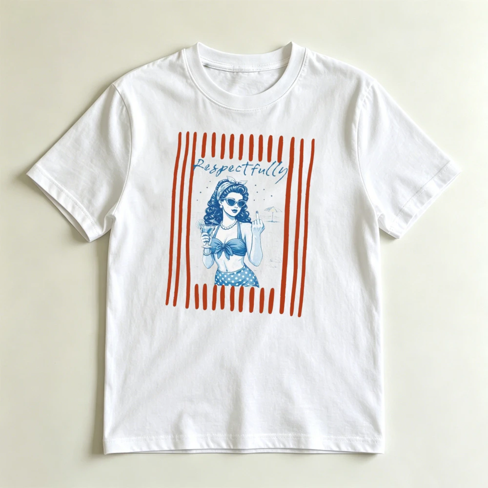 Respectfully Pin Up Girl T Shirt Women Vintage Retro Beach Cocktail Middle Finger Graphic Tee Casual Slogan Vacation Tops