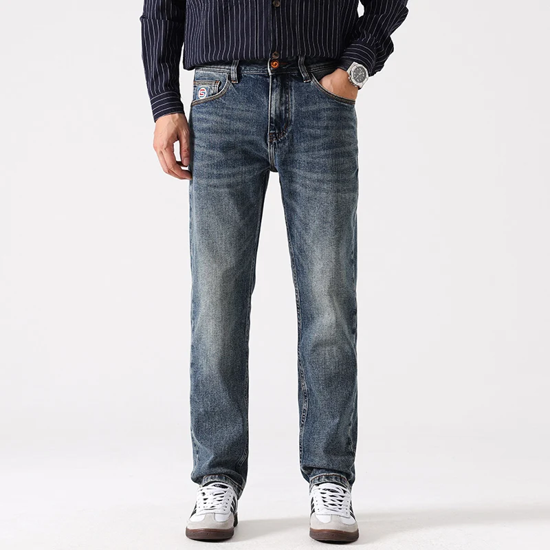 حديثا مصمم أزياء الرجال الجينز عالية الجودة الرجعية الأزرق تمتد سليم صالح خمر الجينز الرجال التطريز Y2K عارضة الدنيم السراويل #1