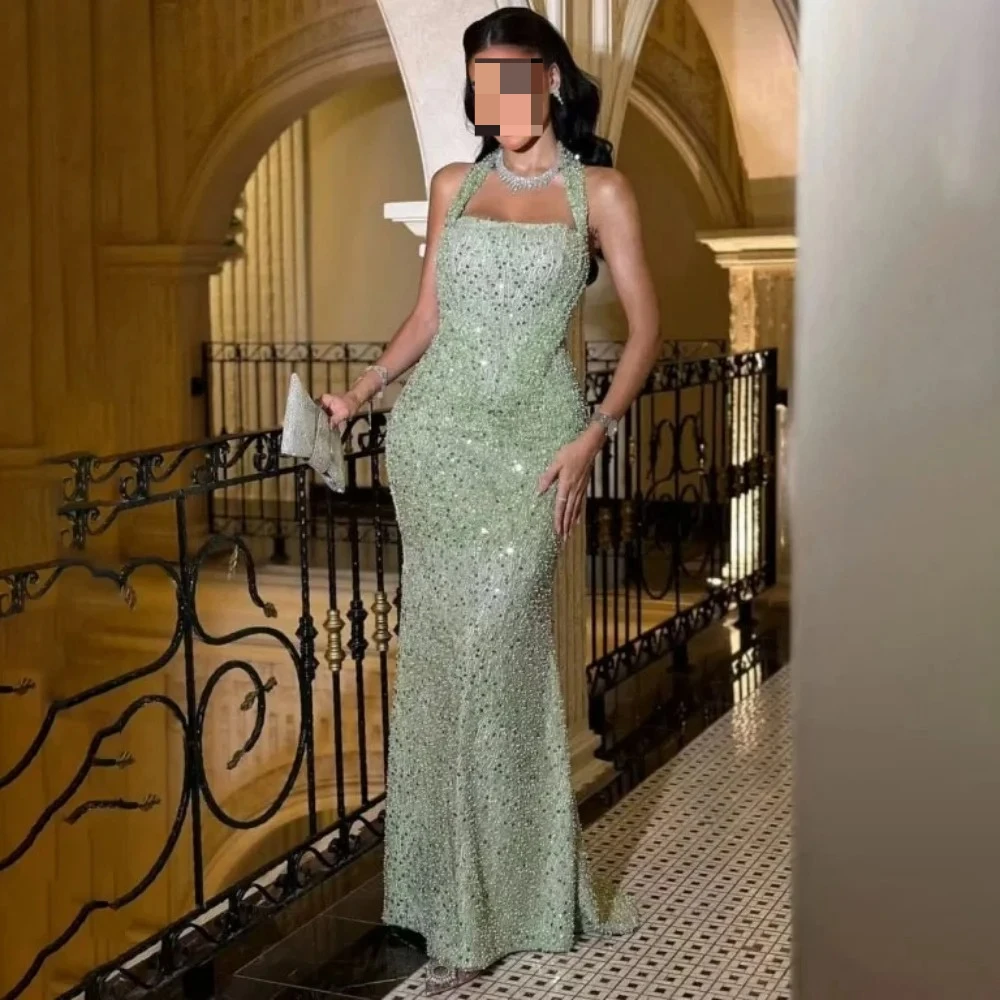 

ROSES Блестящее мятно-зеленое вечернее платье с лямкой на шее и пайетками Платье для выпускного вечера без рукавов Свадебное платье robes de soirée по индивидуальному заказу