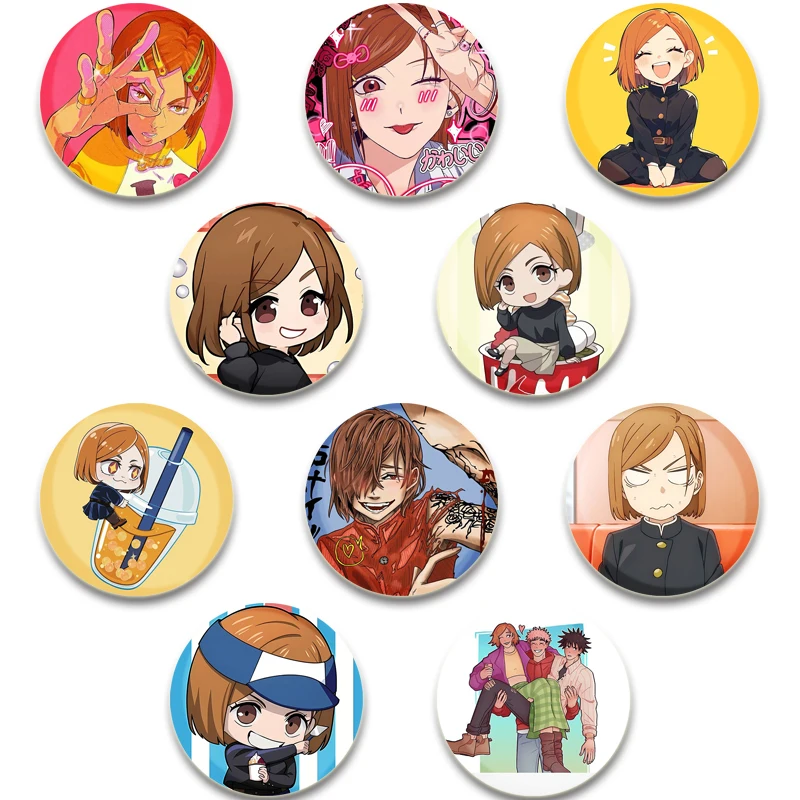 Аниме дзюдзюцу кайсен мультяшная фигурка Kugisaki Nobara жесть ручной работы броши круглый дисплей булавки для лацканов ювелирные изделия подарки Аниме дзюдзюцу кайсен мультяшная фигурка Kugisaki Nobara жесть ручной работы броши круглый дисплей булавки для лацканов ювелирные изделия подарки