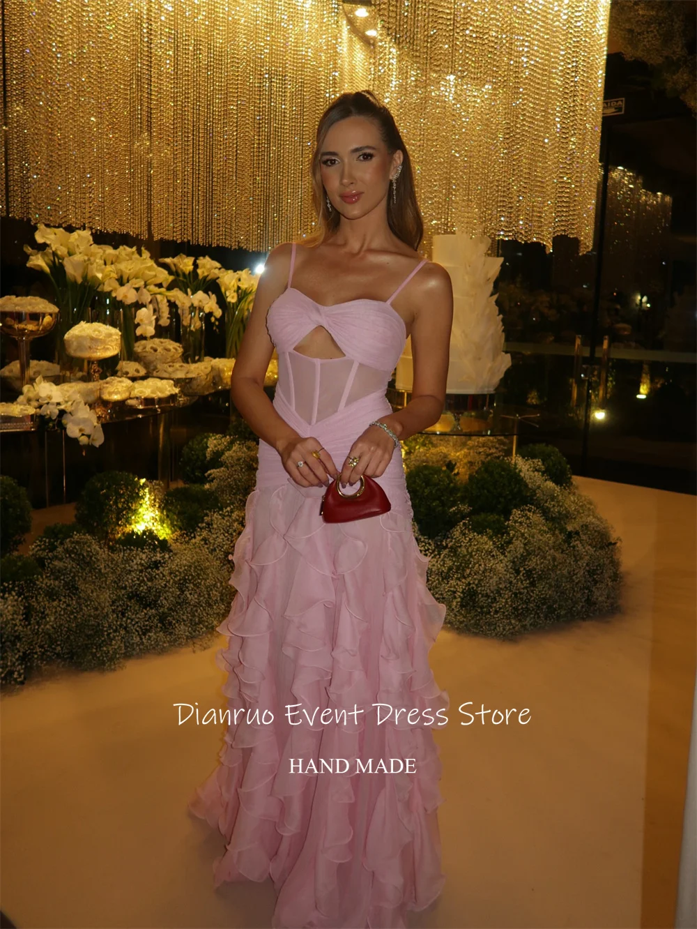 فساتين سهرة Dianruo بحزام سباغيتي الوهمية مكشكشة رداء De Soirée نسائي رشيق وردي فيستدوس دي فيستا مخصص