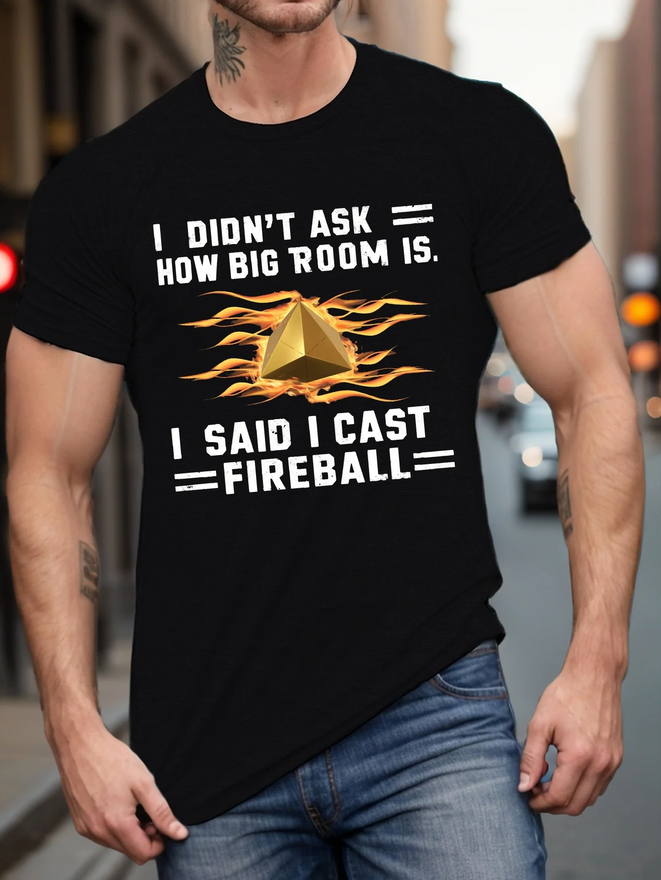 Men's Plus Size Crew Neck T-Shirt with Fireball Pattern Print - Casual Short Sleeve T-Shirt with Geometric Pattern and Slight Stretch Fabric - Summer Plus Size Long Knit Top