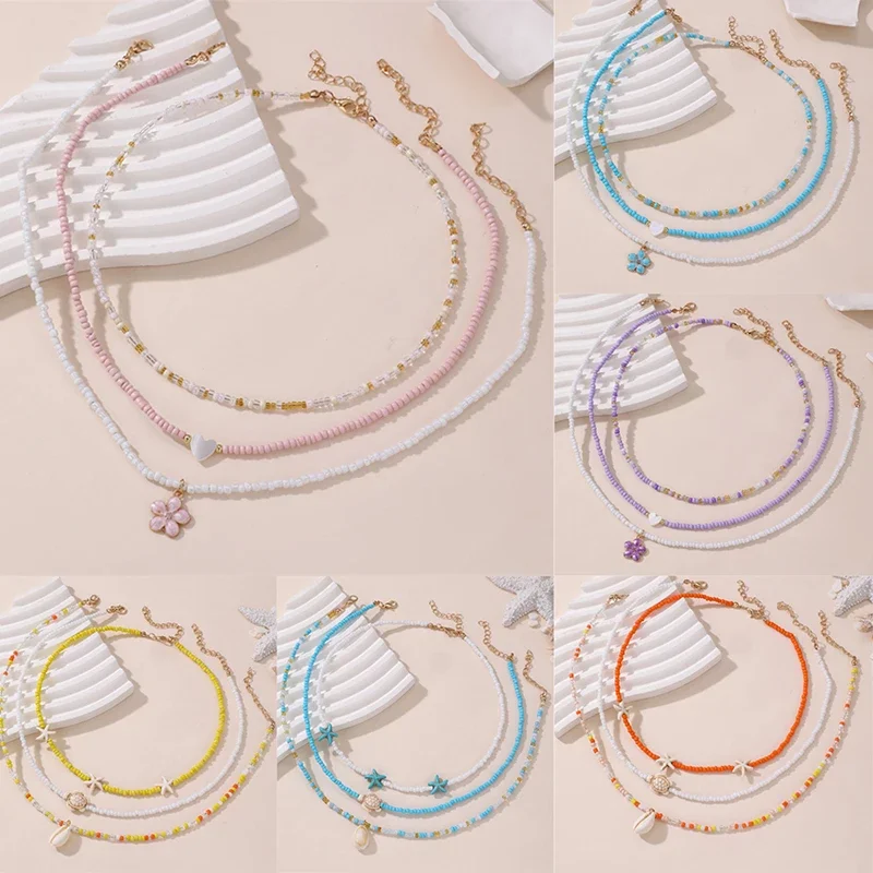 Bohemian Multilayer Rice Bead Chain Clavicle Necklace Vintage Acrylic Turtle Starfish Shell Pendant Choker Women's Beach Jewelry