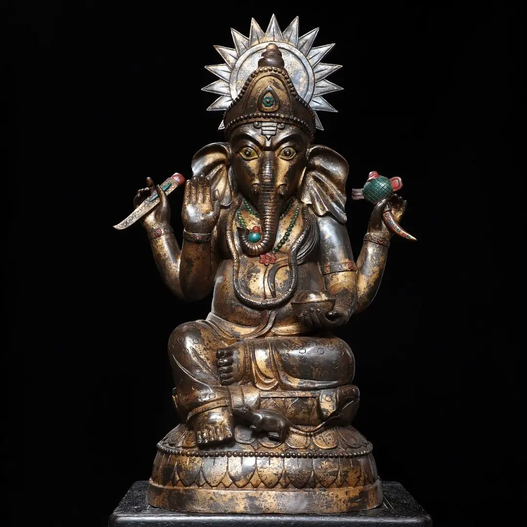 Large Ganesha Wealth God Statue Pure Brass Antique Gold Finish Home Temple Altar Decor Figurine