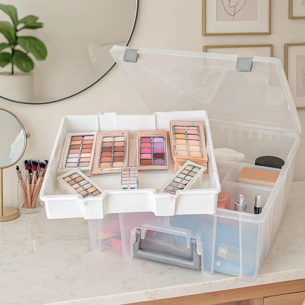 Podwójna, bardzo duża torba z wysuwaną tacką i wyjmowanymi przegródkami do organizacji przechowywania w domu.