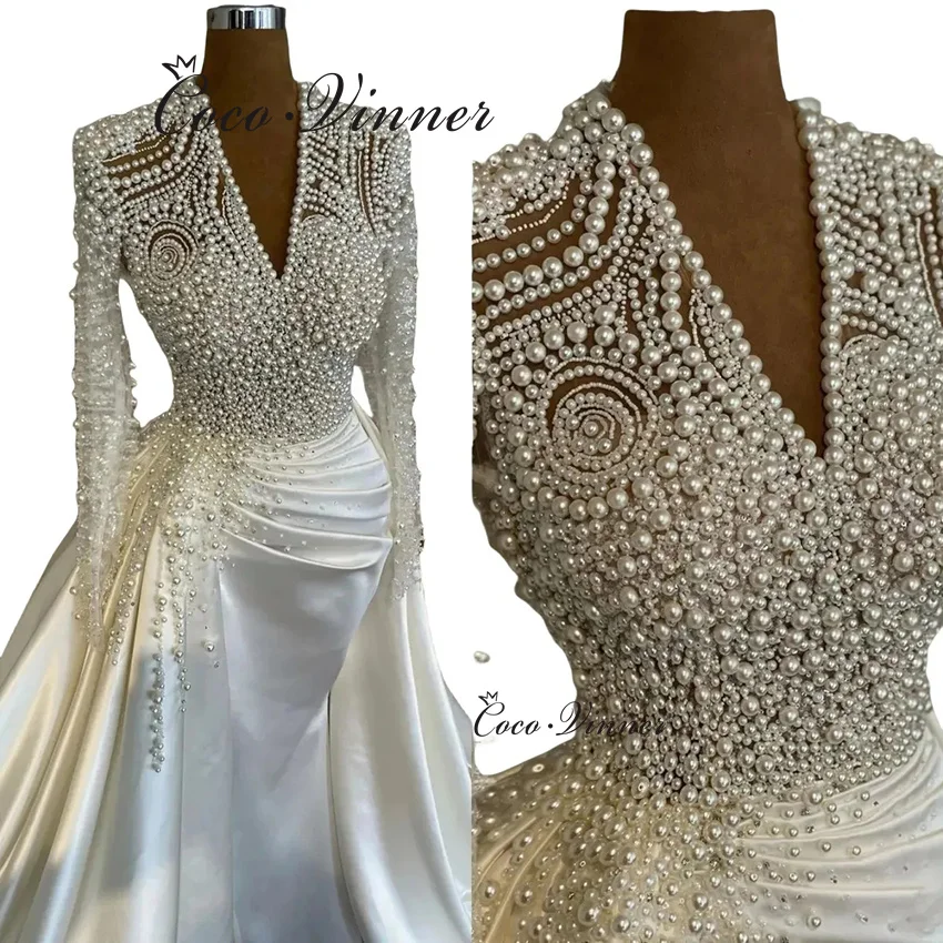 

Свадебные платья русалки 2 в 1, расшитые жемчугом и бисером, 2025, плиссированное атласное свадебное платье русалки со съемным шлейфом W1432