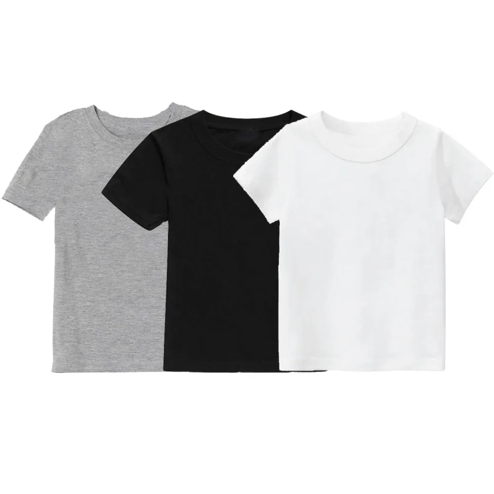 Ropa de algodón de calidad para niños, de color sólido Camiseta clásica, negro, blanco y gris, Tops de moda para niños y niñas