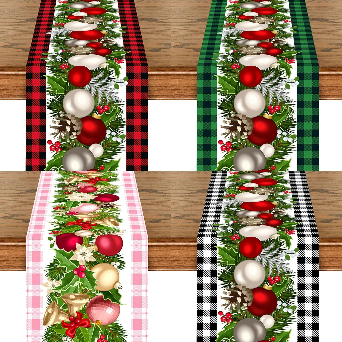 Christmas Poinsettia Red Pink White Buffalo Plaid Table Runner Winter Xmas Holiday Wedding Party Decor Navidad Decoration 2025 ﻿