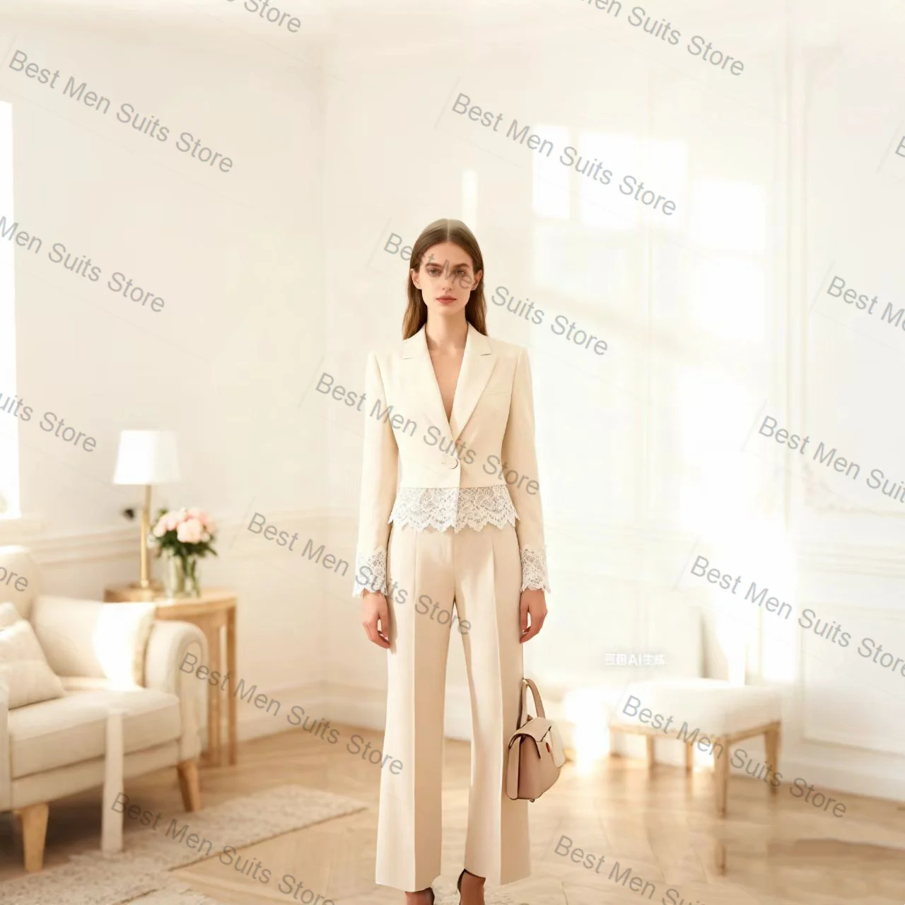 

Beige Lace Women Suit Set 2 Pcs Blazer Pants Trousers Spring Cotton Formal Office Jacket Customized Wedding Tuxedo Guest Coat