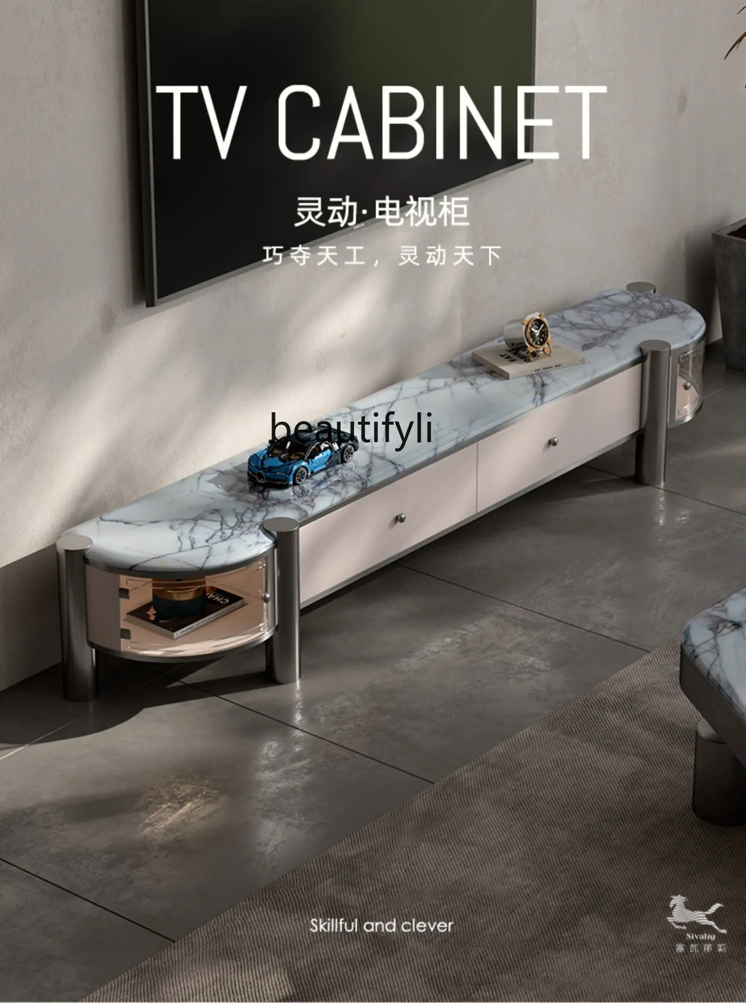 Light Luxury Solid Wood TV Cabinet Tea Table Combination Simple and Natural Marble TV Cabinet