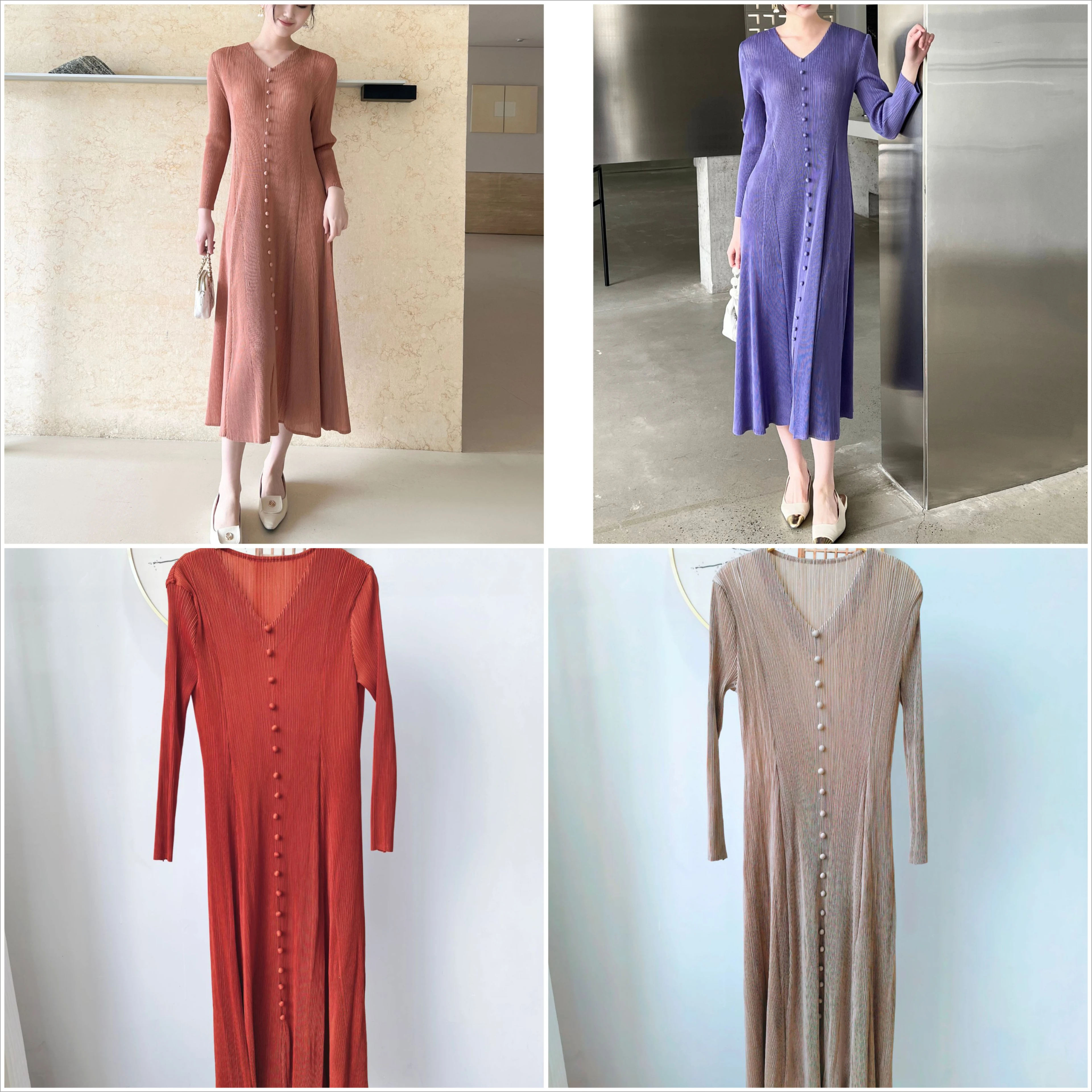 

Miyake Fold New Style 2025 Autumn Spring High End Fold Fashion Leisure Commuter Loose Elegance V-neck Pleated Long Sleeved Dress