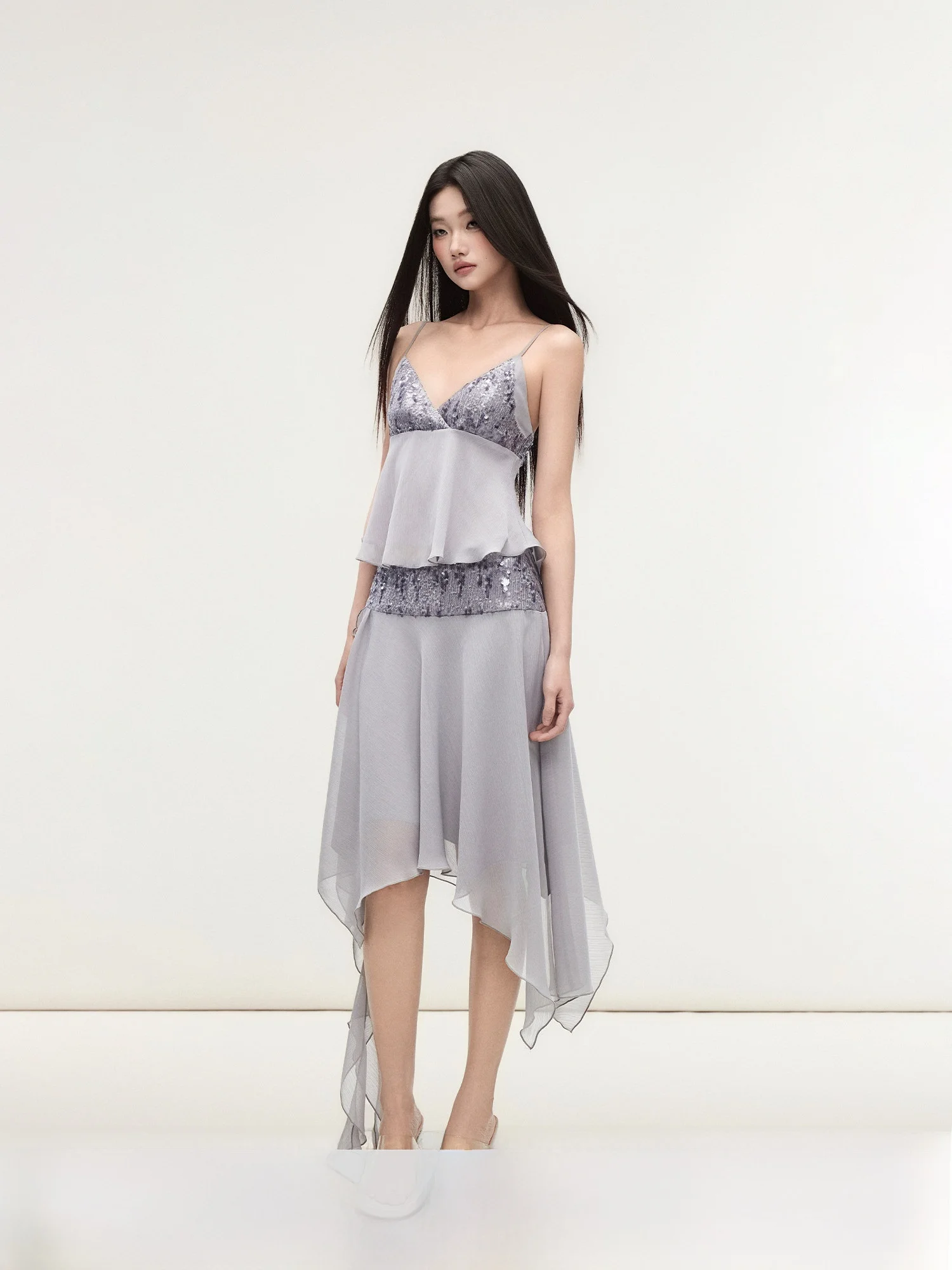 

Matin Purple Grey Sequin Splice Chiffon Halter Top Skirt Set Asymmetrical Hemline Splice Design Women's Fashion Ensemble