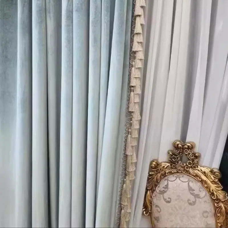 Customization French Light Luxury European Velvet Light Blue Green New Floor-to-ceiling Curtains for Living Dining Room Bedroom