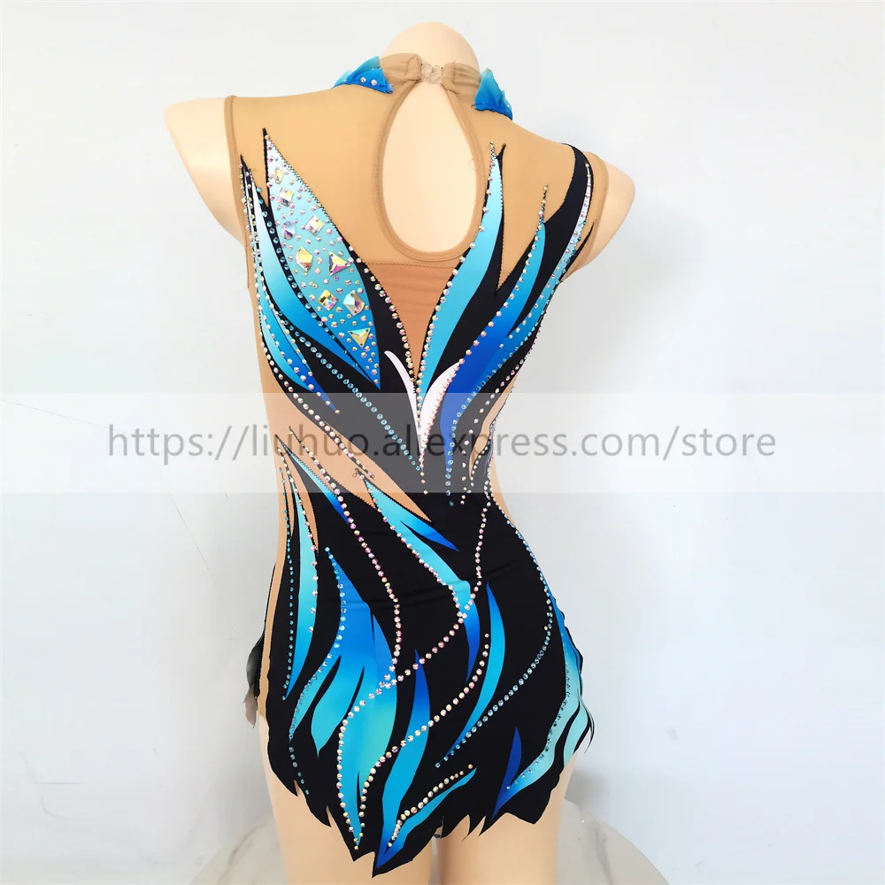 LIUHUO Women Rhythmic Gymnastics Leotards Girls Competition Performance Suit Artistic Dress Dance Sleeveless Ice Skating  Blue