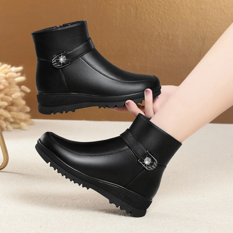 Fashion Winter Women Elegant Comfort Soft Sole Leather Ankle Boots Thick Plush Warm Snow Mother Waterproof Non-slip Boots