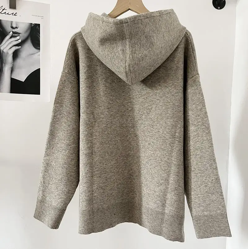 Donegirl Women Autumn Winter New 2024 Warm Drawstring Hooded Knitted Sweater Pullovers Solid Simple Versatile Tops Female Jumper