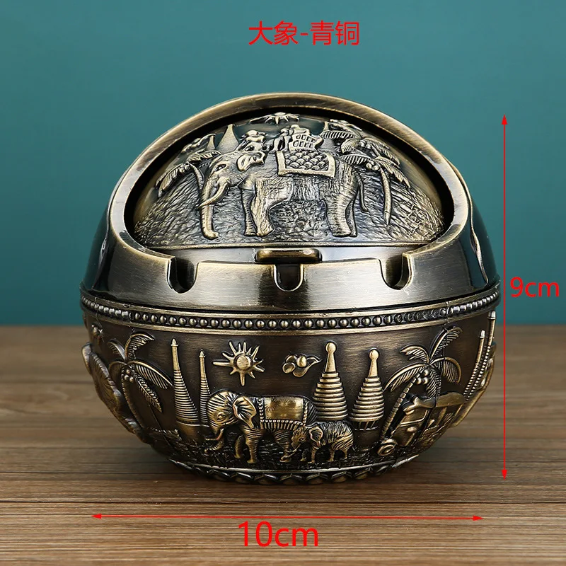 

New Ashtray Zinc Alloy Windproof Semi Closed Cover 3D Enamel Design Globe Ashtray Large-bronze-elephant