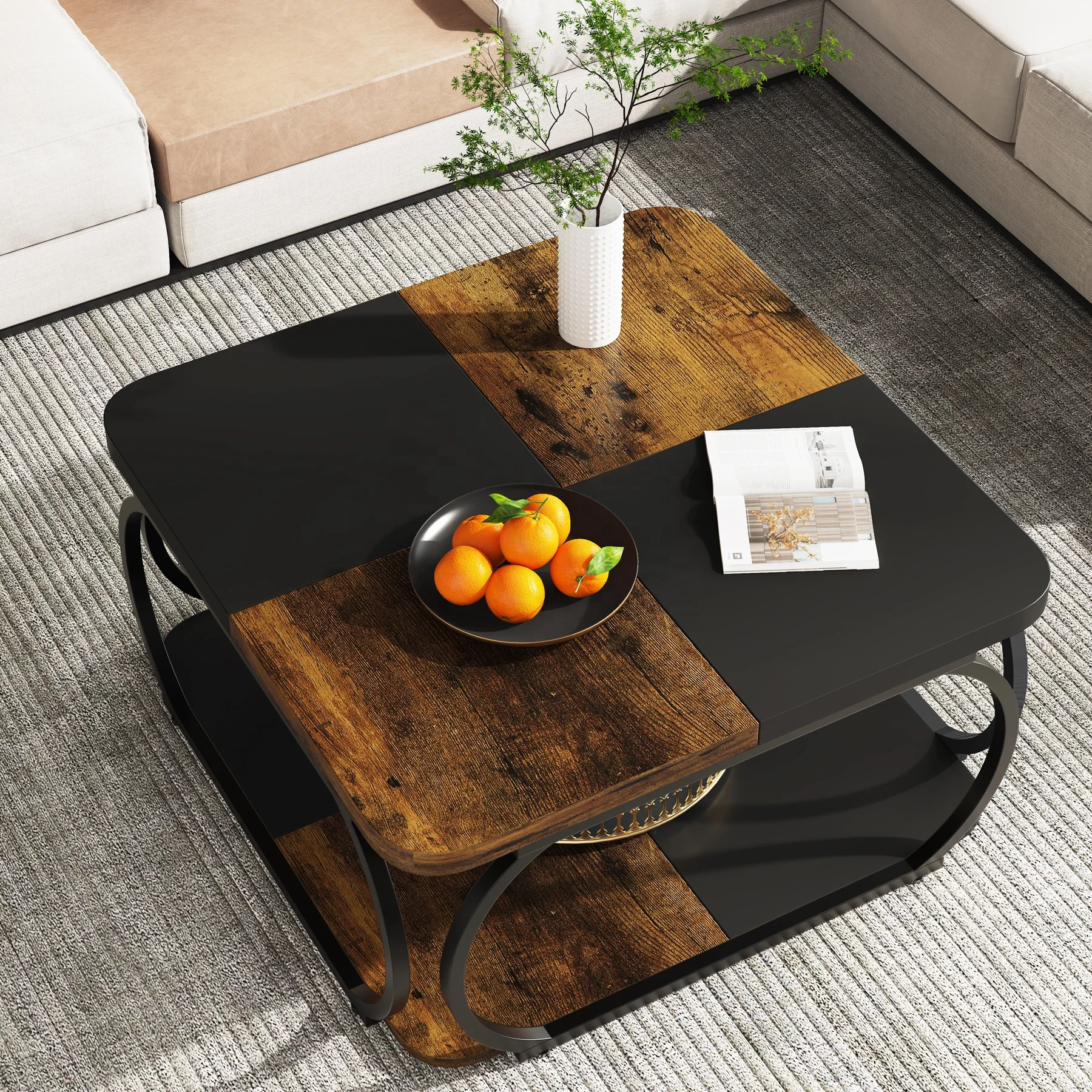 Square Convertible Coffee Table 40 Low Cottage Style Wooden Storage Rack Heavy Metal Arc