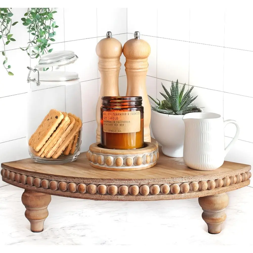 

Corner Shelf Stand for Farmhouse Decor - Bathroom Organizer, Wooden Beaded Tray, Kitchen Coffee Bar, Countertop Plant Holder