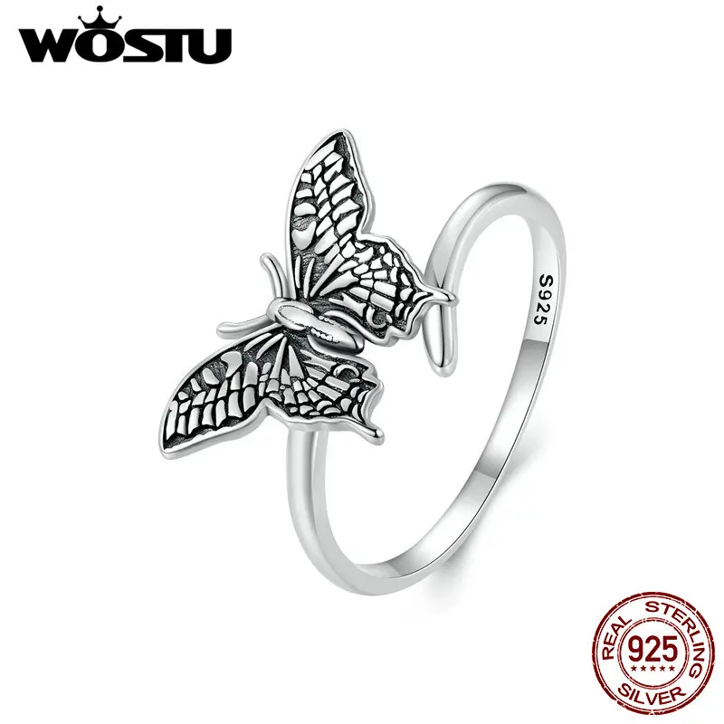 WOSTU 925 Sterling Silver Vintage Butterfly Opening Rings Women Female Sizeable Insest Creative Rings Party Gift Daily Jewelry