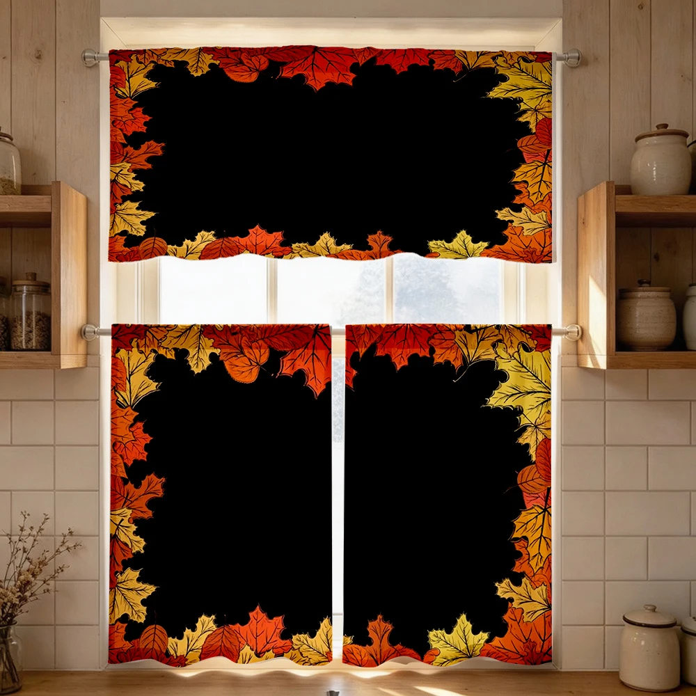 Fall Kitchen Curtains, Black Maple Leaf Border Fall, Digital Print, Kitchen Dining Room, Rod Pocket Polyester, Home Decor