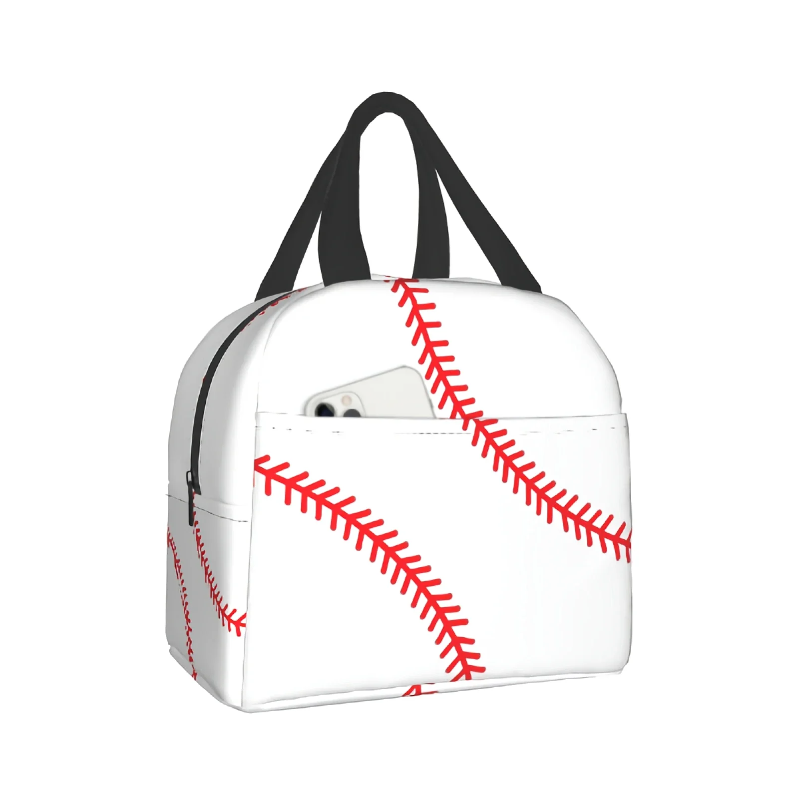 Imiss Baseball Lace Sport Reusable Insulated Lunch Bag Ball Red Line Cooler Tote Box with Front Pocket Zipper Closure for Woman