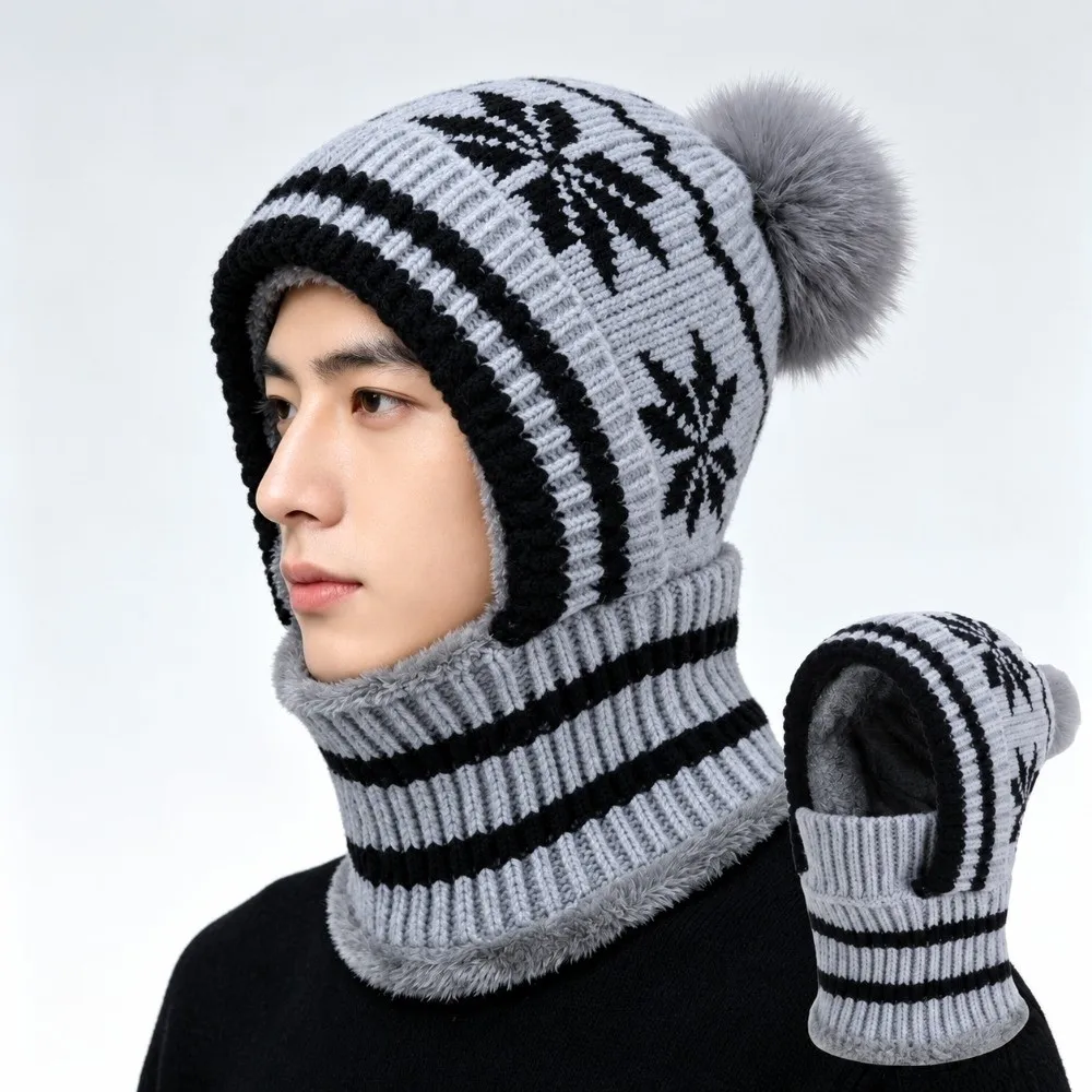 Fleece Lining Knitted Balaclava Hat Ear Protection Snowflake Jacquard Winter Beanie Mask Full Cover Elastic Knit