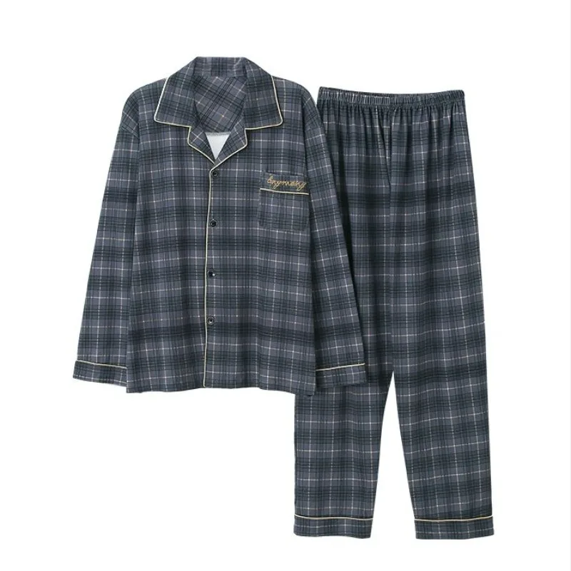 Ensemble de pyjamas en pur coton pour jeunes hommes, vêtements de détente à revers à manches longues, tenue pour garçons, grande taille, olympiques de vêtements de nuit, printemps, automne, 100%