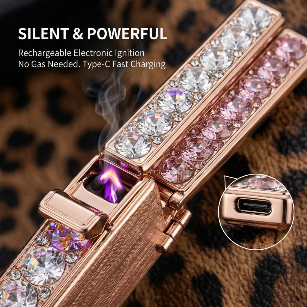 

Luxury Crystal-Encrusted Rechargeable Arc Lighter,Windproof Silent Flameless Lighter,Portable Cigarette Lighter for Daily Use