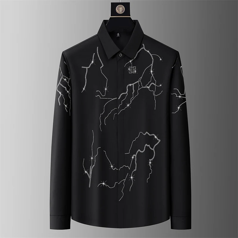 Hotfit Rhinestone Covered Button Shirts For Men Long Sleeve Silky Summer Quality Modified Polyester Blend Stretchy Chemise Homme
