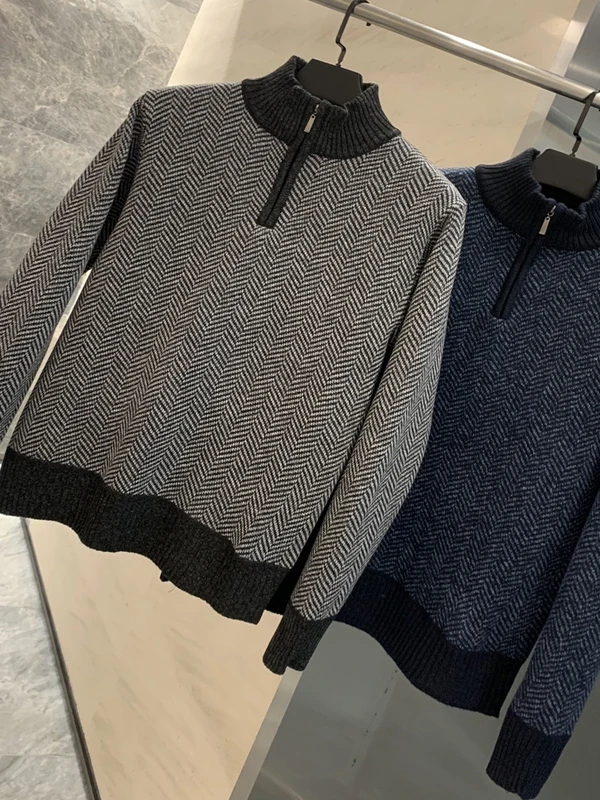 

Nordic W-ape T Embroidery Texture Men's Knitted Sweater f Zipper Stand Collar Long Sve Breathable Polyester Fiber