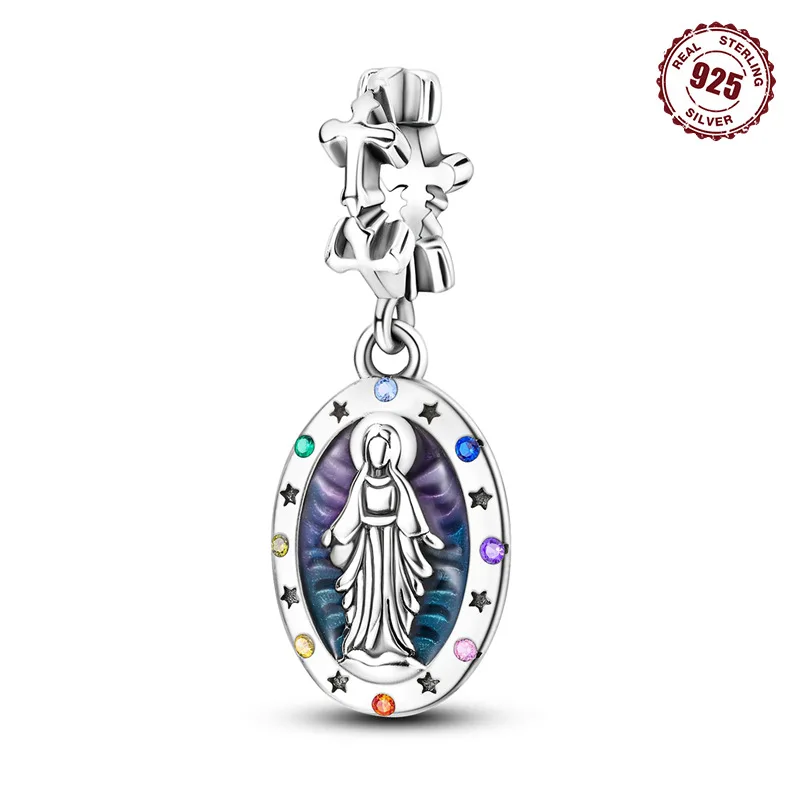 

Real 925 Silver Virgin Mary Pendant Charm Cross Religious Bead Series Beads for Original Bracelet DIY Fine Jewelry Women Gift