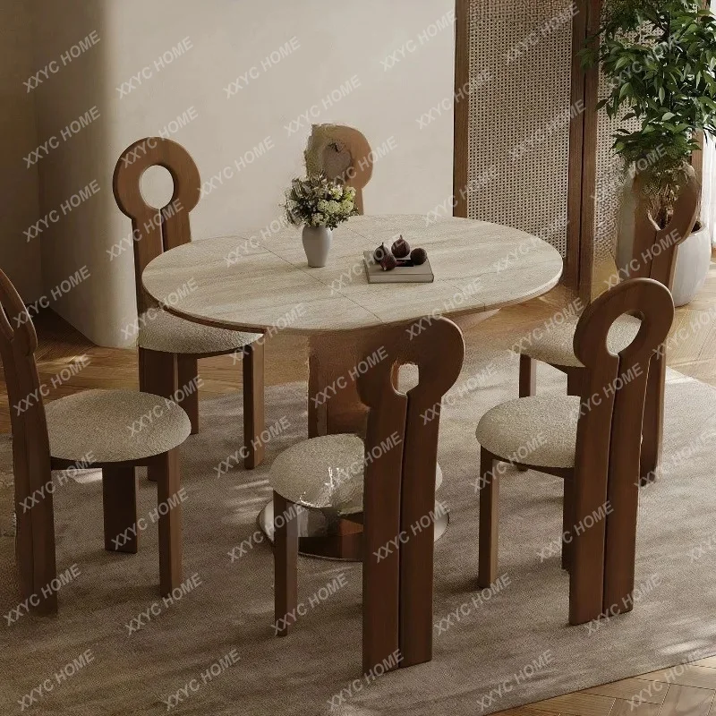 Travertine rock slab retractable dining table variable round table retro multi-functional foldingTJ