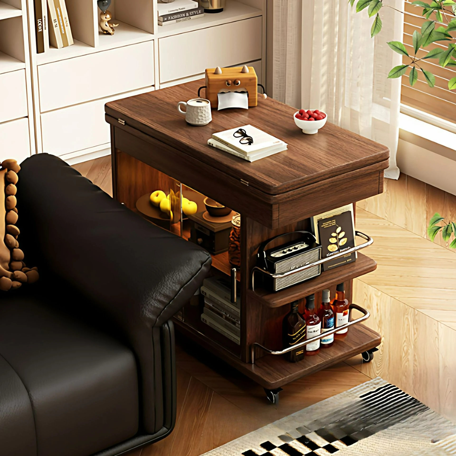 Factory Direct 2026 Top Rated Movable Sofa Side Table Folding Coffee Table Cart Living Room Household Solid Wood Sofa Side Cabin