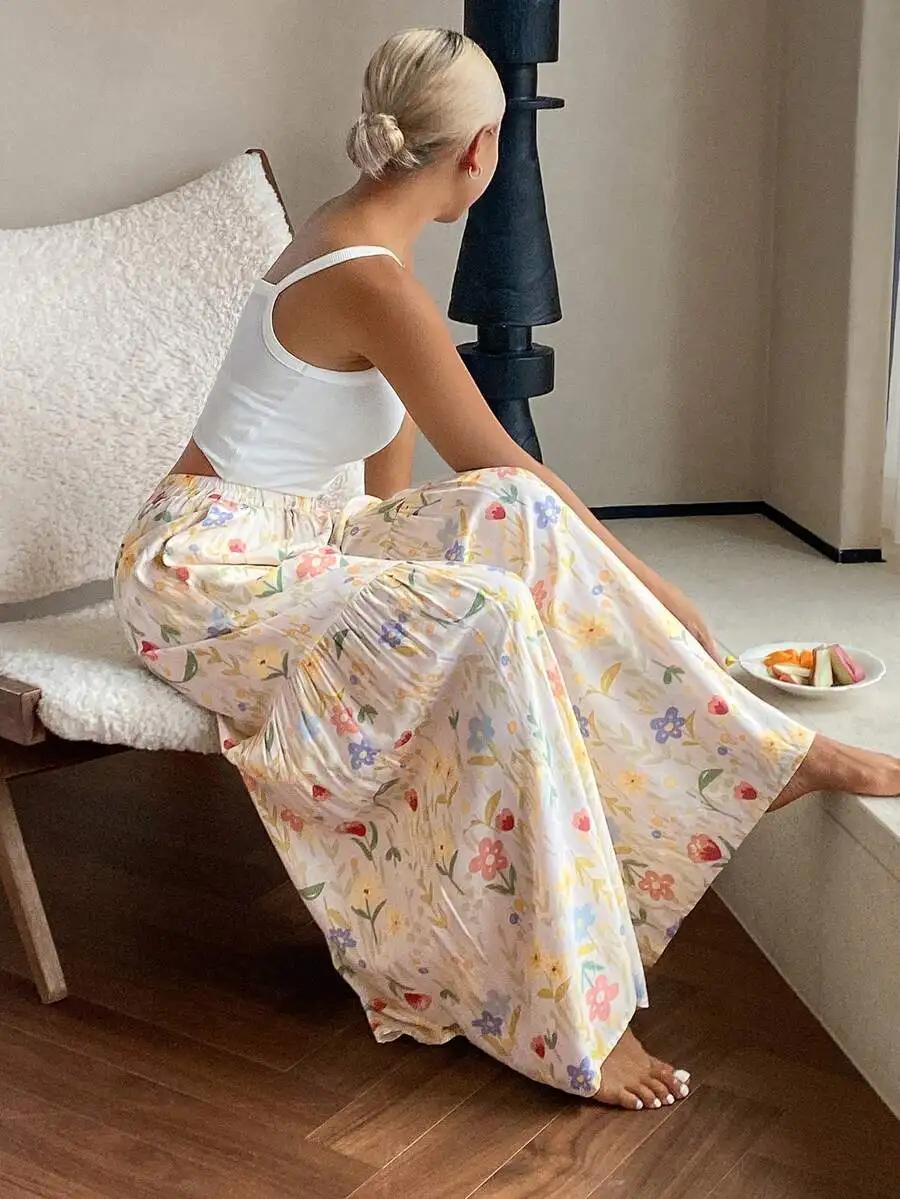 

Womens Lightweight Ditsy Floral Loose Wide Leg Sleep Bottoms For Summer Fall
