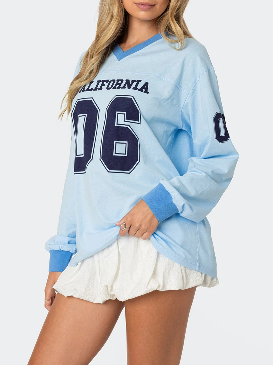 Women s Oversized Sweatshirt Number Letter Print Long Sleeve V-Neck Casual Pullover Tops