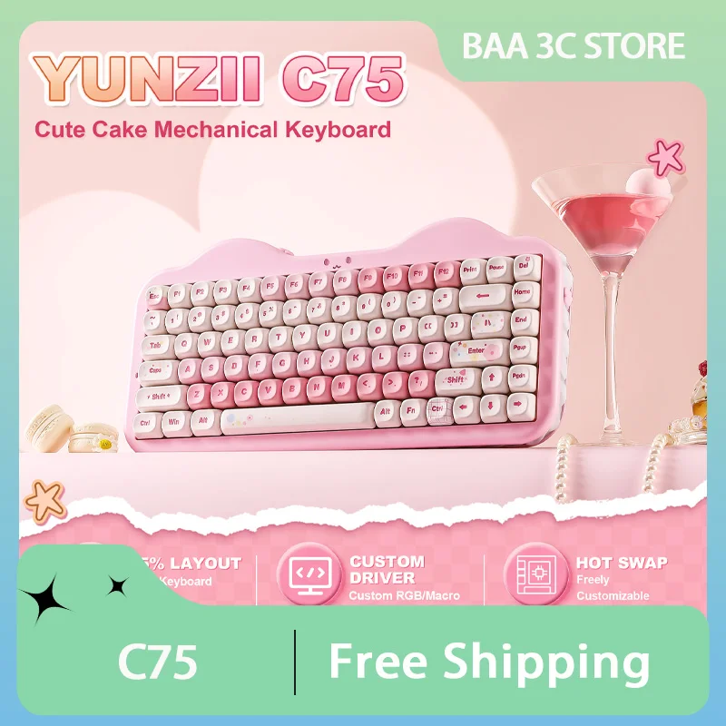 

Механическая клавиатура YUNZII C75, три режима, 75% кремовая RGB-клавиатура с горячей заменой, 5500 мАч, эргономичная игровая клавиатура на заказ для Win/Mac