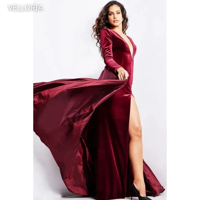 Borgonha veludo vestido de noite profundo v-mangas compridas sereia vestido de festa sexy alta fenda saia vestido de baile vestdos de fiesta personalizado