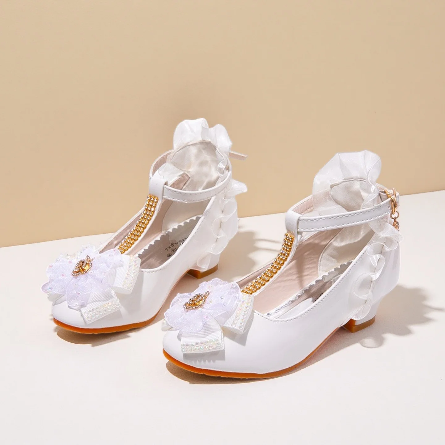 ULKNN Kids Shoes For Girl Dress Wedding Rhinestone Love Heart Pattern Butterfly Lace Mary Jane High Heel Children Princess Shoes