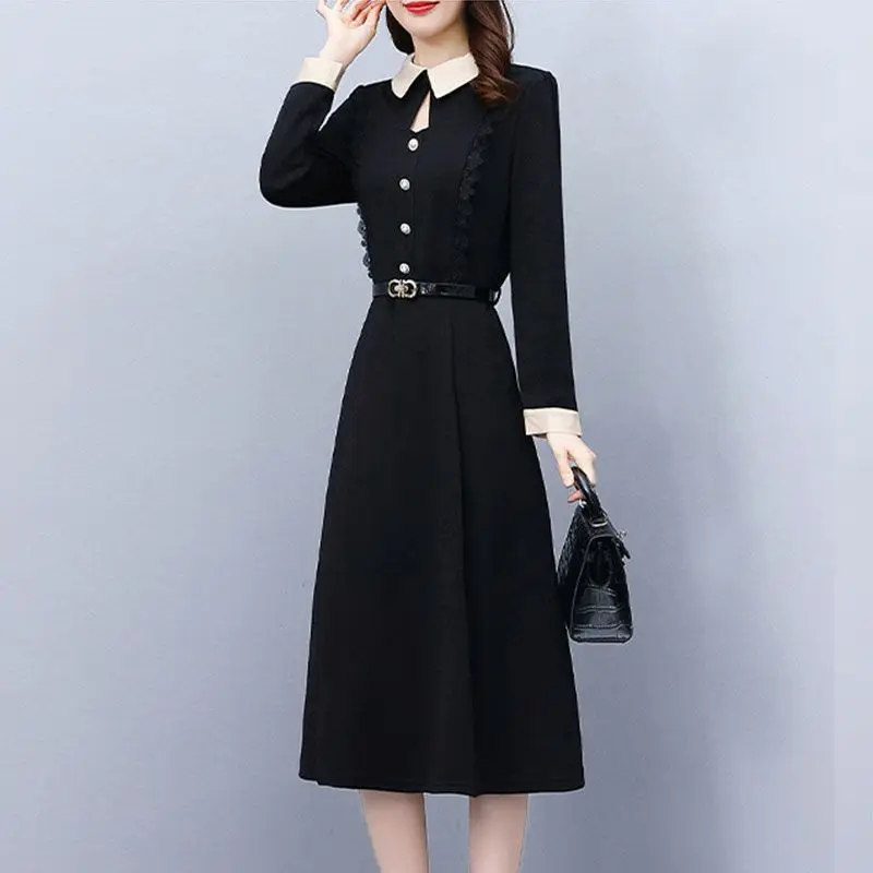 Autumn and Winter New Korean Mid to Long Fashion Dress with Doll Neck and Elegant Black Waist