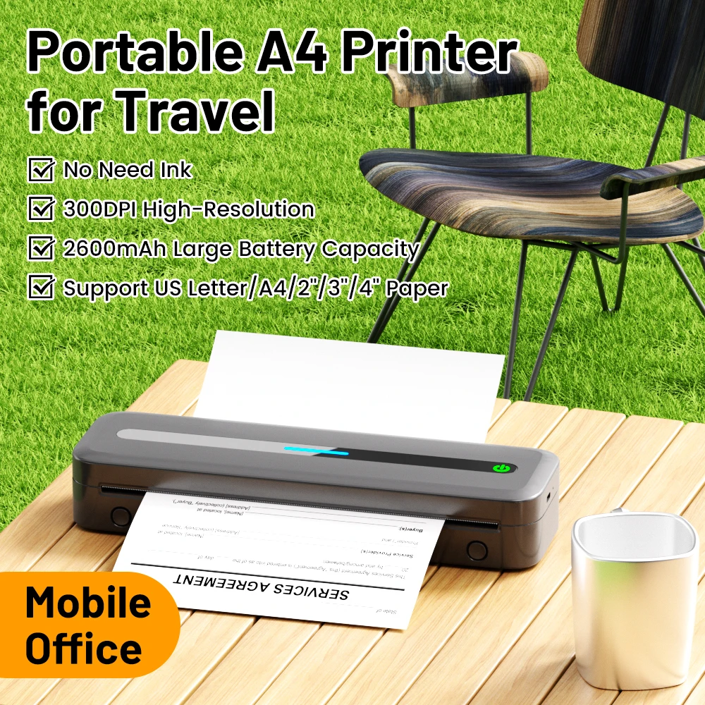 Portable A4 Thermal Printer Inkless Wireless M832 for Travel Home Work Use 300DPI BT Mobile Printer Compatible with Android iOS