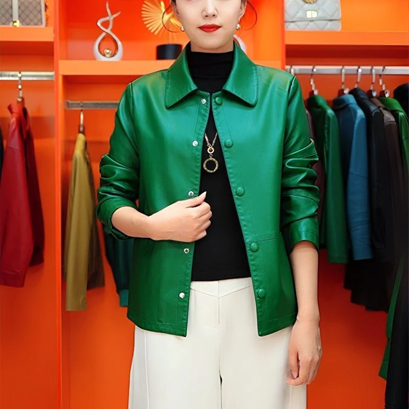 European Female Large Size 5XL PU Leather Jacket Autumn Women Lapel Solid Color Coat Winter Ladies Fashion Faux Leather Outwear