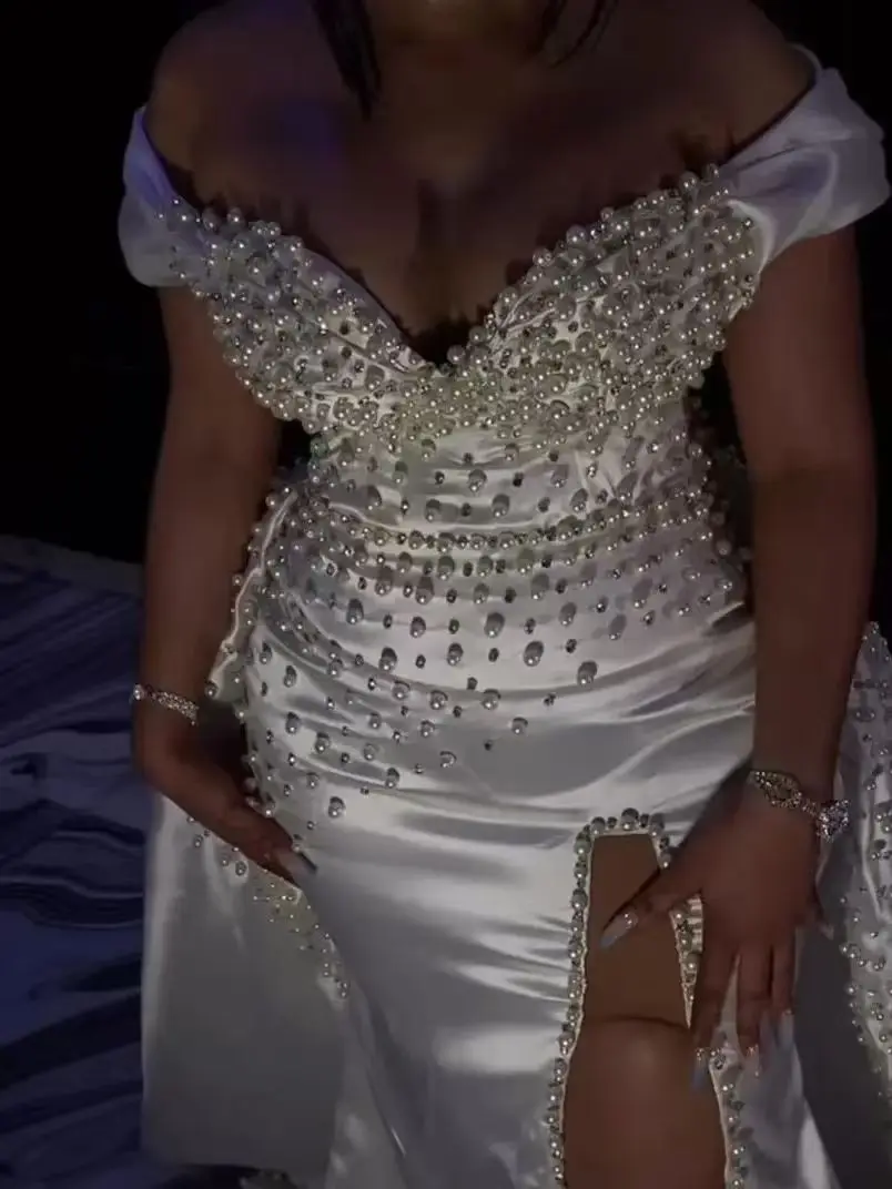 Off the Shoulder Shinny Pearls Wedding Dress Satin Vestido De Casamento High Split Bridal Gown with Removable Skirt Customized