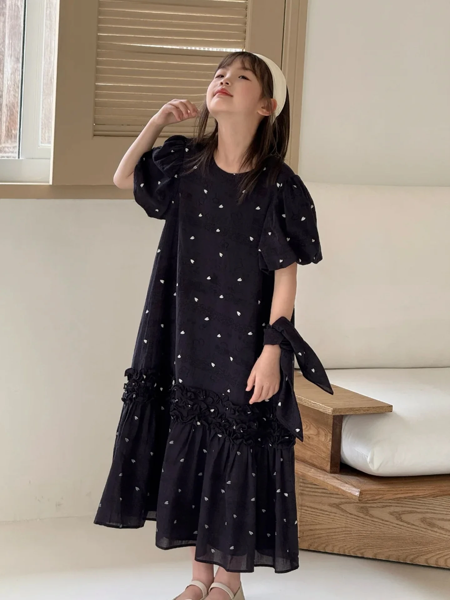 

Girls Dress Children's Skirt Summer Fashion Unique Dark Blue Heart Print Wooden Long Dress Casual Low Waist Short Sleeve