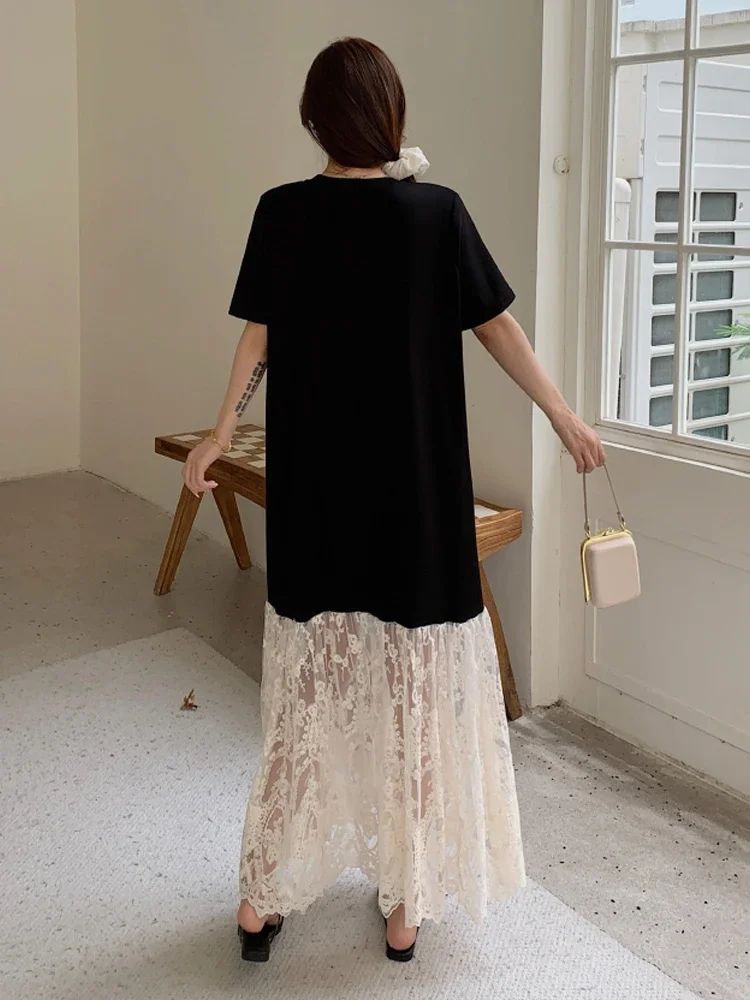 فستان نسائي مقاس كبير مرقع لصيف 2025 فساتين طويلة فضفاضة رداء Elbise بأكمام قصيرة على الطراز الكوري بحاشية منقوشة بالزهور #6