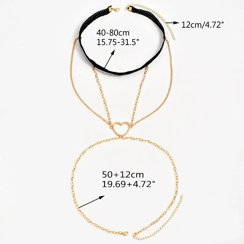 39BD Rock Leg Chain Garter Multi-layer Hollow Heart Thigh Chain Elastic Sexy Body Chain Jewelry Nightclub Party for Woman