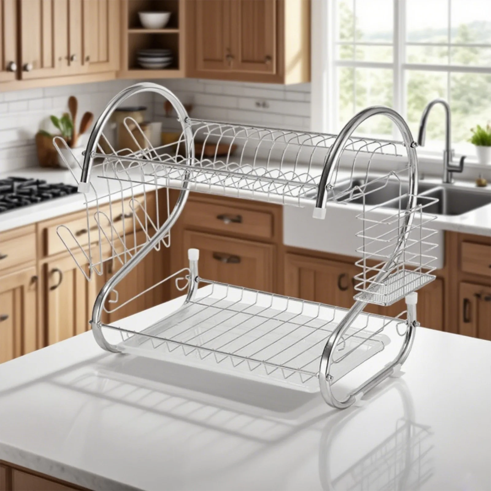 S Shape Double Layer Bowl Rack Stainless Steel Metal Kitchen Organizer With Drainage Tray For Dish Drying And Storage